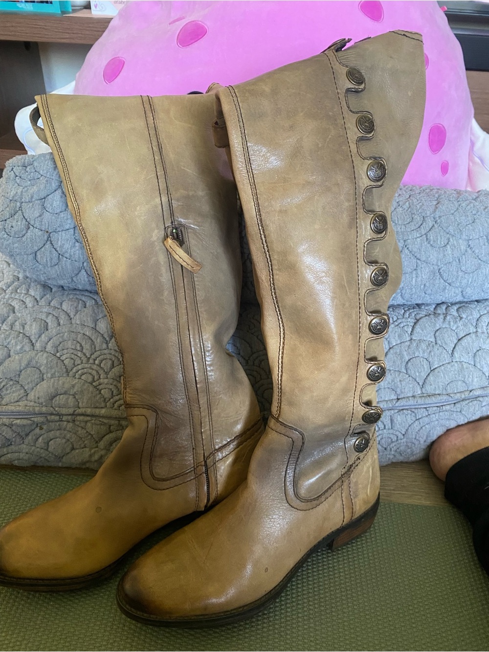Sam Edelman Women’s Knee-High Button Accent Leather Boots in Tan